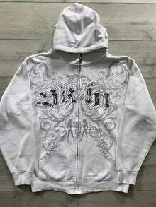 Zipper Sweater Ruffian Handsome Internet Celebrity Hooded Cardigan Letter Print New Pants Top Jacket - White - View 1