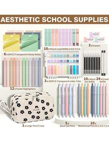 62PCS Large Capacity Pencil Pouch Stationery Pen Bag With Pastel Highlighters Black Ink Gel Pens Mechanical Pencils Set 0.5mm, 0.7mm & 2.0mm, Aesthetic School Supplies For Back To School Student & College Essentials Gifts - Hoa đen - Xem 2