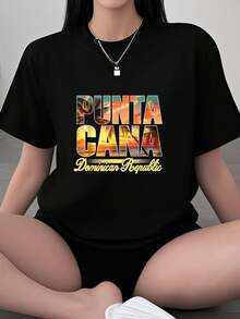 Punta Cana Sunset Beach Shirt Dominican Republic Vacation T-Shirt For Men Women Girls Kids        Graphic Tees Ladies' Choice Women Crop Tops Summer Outfits For Women Summer Tops T-Shirt - Black - View 1