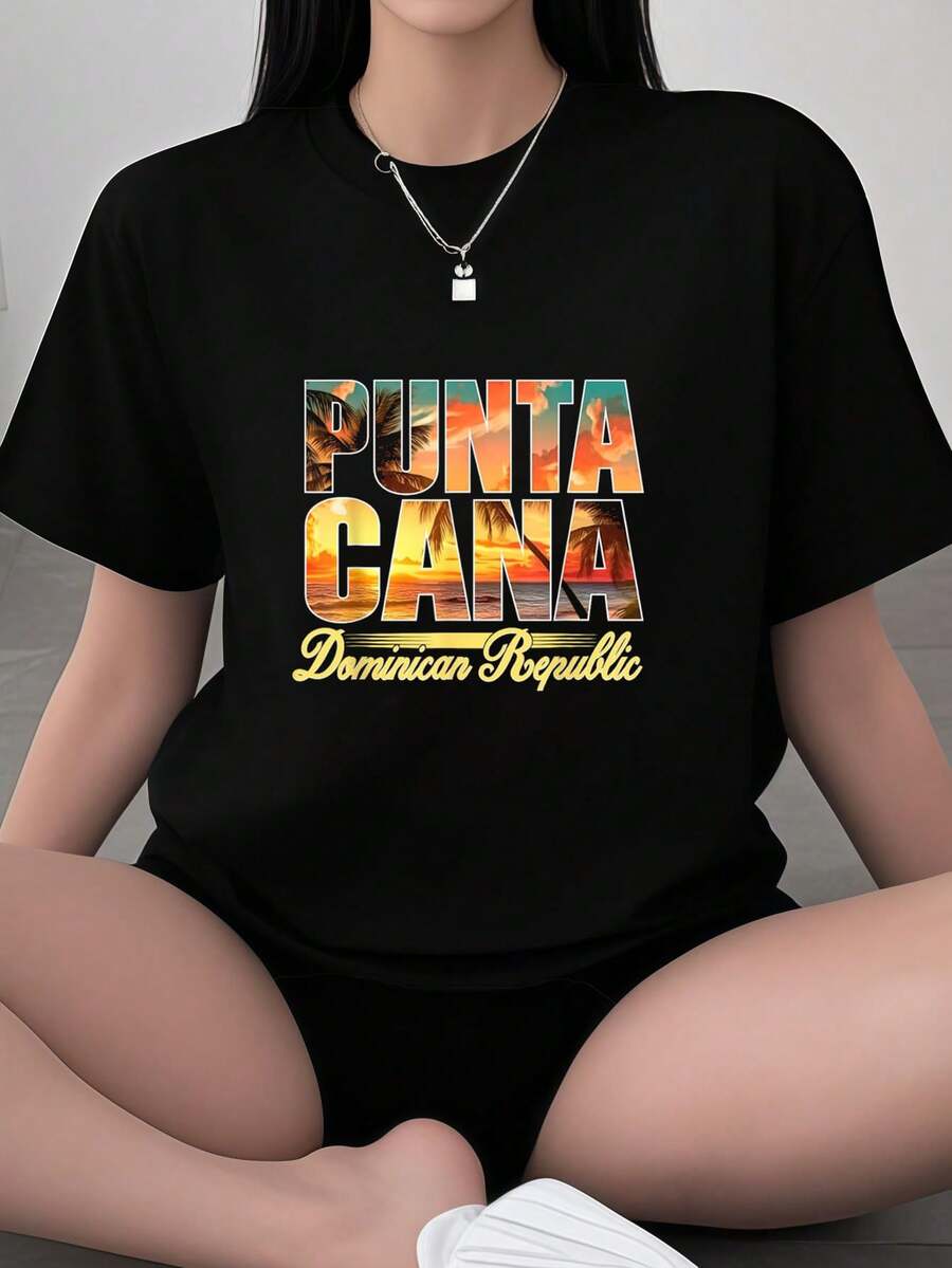 Punta Cana Sunset Beach Shirt Dominican Republic Vacation T-Shirt For Men Women Girls Kids Graphic Tees Ladies' Choice Women Crop Tops Summer Outfits For Women Summer Tops T-Shirt - Black - View 1