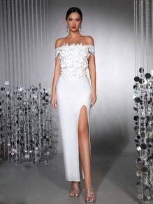 New Women's White Luxurious Elegant Three-Dimensional Floral Decoration Single Shoulder High Seam Slim Fit Long Bandage Dress Suitable For Birthdays, Holidays, Christmas Photos, Parties, Formal Dinners, Evening Dresses, Wedding Guest Dresses