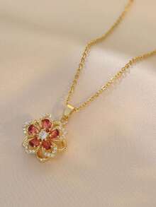 1piece Teen Five-Petaled Flower 360° Rotating Pendant Necklace, Elegant And Luxurious, Niche Design