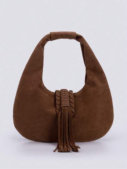 Brown Suede Women's Hobo Bag, Featuring A Stylish Woven Tassel Detail. This Chic Handbag Has A Simple And Fashionable Design, Perfect As A Daily Carry - All Or For Adding A Touch Of Elegance To Outings. Suitable For Shopping, Work, Dates, Vacations, And More.(Tassel Position Fixed As Shown), Newest Fashionable Suede Bag For Women