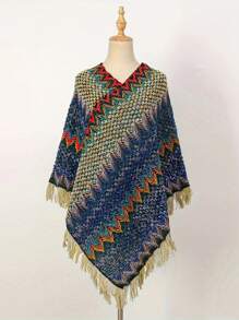 1pc Women Solid Color Button Tassel Knitted Poncho Shawl, Fashionable Casual Warm Wear For Vacation And Daily Use