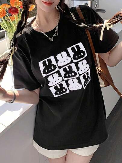 Solid Color Cartoon Print Round Neck Loose Casual Women Short Sleeve T-Shirt, Spring/Summer