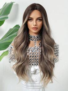 24英寸渐变棕色波浪假发，女士款 - 合成纤维中分自然蓬松假发 - 适合日常佩戴及各种场合 - 彩色 - 查看 2