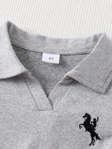 2件組女童休閒學院風小馬刺繡抓皺修身長袖 Polo T恤與喇叭褲套裝，秋冬薄款 - 彩色 - 查看 3