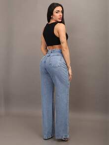Peg Vest Premium Wide Leg Jeans With Rhinestone Shine And High Waist - Rửa trung bình - Xem 5