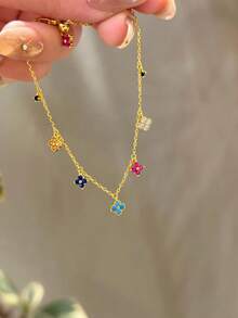 1件简约彩色四叶花手链，S925或925纯银首饰，送给女性、新娘、生日、约会的必备礼物 - 彩鑽四葉花手鍊 - 查看 3