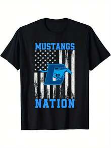 Men's "Mustangs Nation" Graphic T-Shirt - Blue And White American Flag Design With Horse Silhouette, Casual Crew Neck, Short Sleeve, Regular Fit, All Season Clothing, Casual Tee | Patriotic Graphic Tee | Relaxed Fit Tee - 黑色 - 查看 7