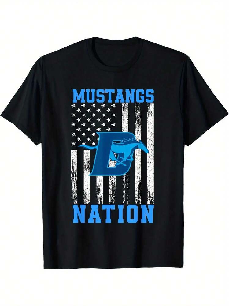 Camiseta gráfica para hombres "Mustangs Nation" - Diseño de bandera americana azul y blanca con silueta de caballo, cuello redondo casual, manga corta, ajuste regular, ropa para todas las estaciones, camiseta casual| Camiseta gráfica patriótica| Camiseta de Ajuste Cómodo - Negro - Añade 7