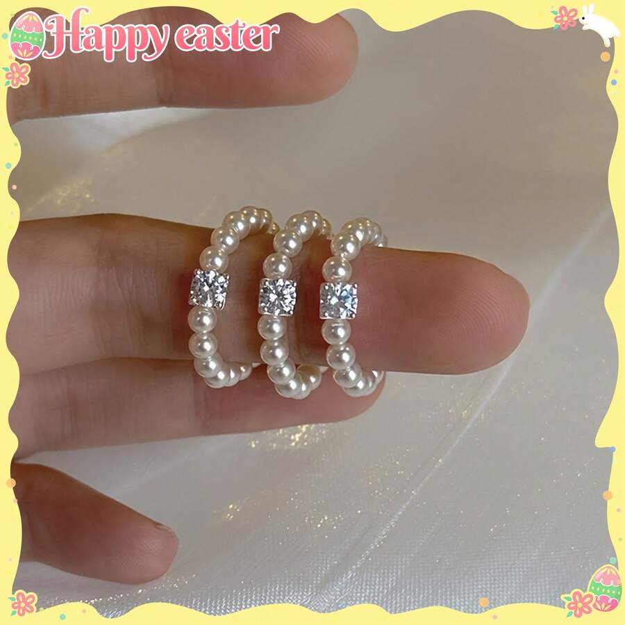 Elegant And Distinctive Elastic Bead Ring- Unique Design, Perfect For Casual Wear Or Gift Giving, Small Square Sugar Beads, Luxurious - 白色 - 查看 1