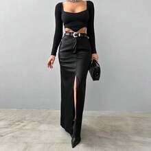 Women's Clothing Leather Design Slit Solid Color High Waist Simple Leather Slim Fit Midi Skirt - Black - View 3