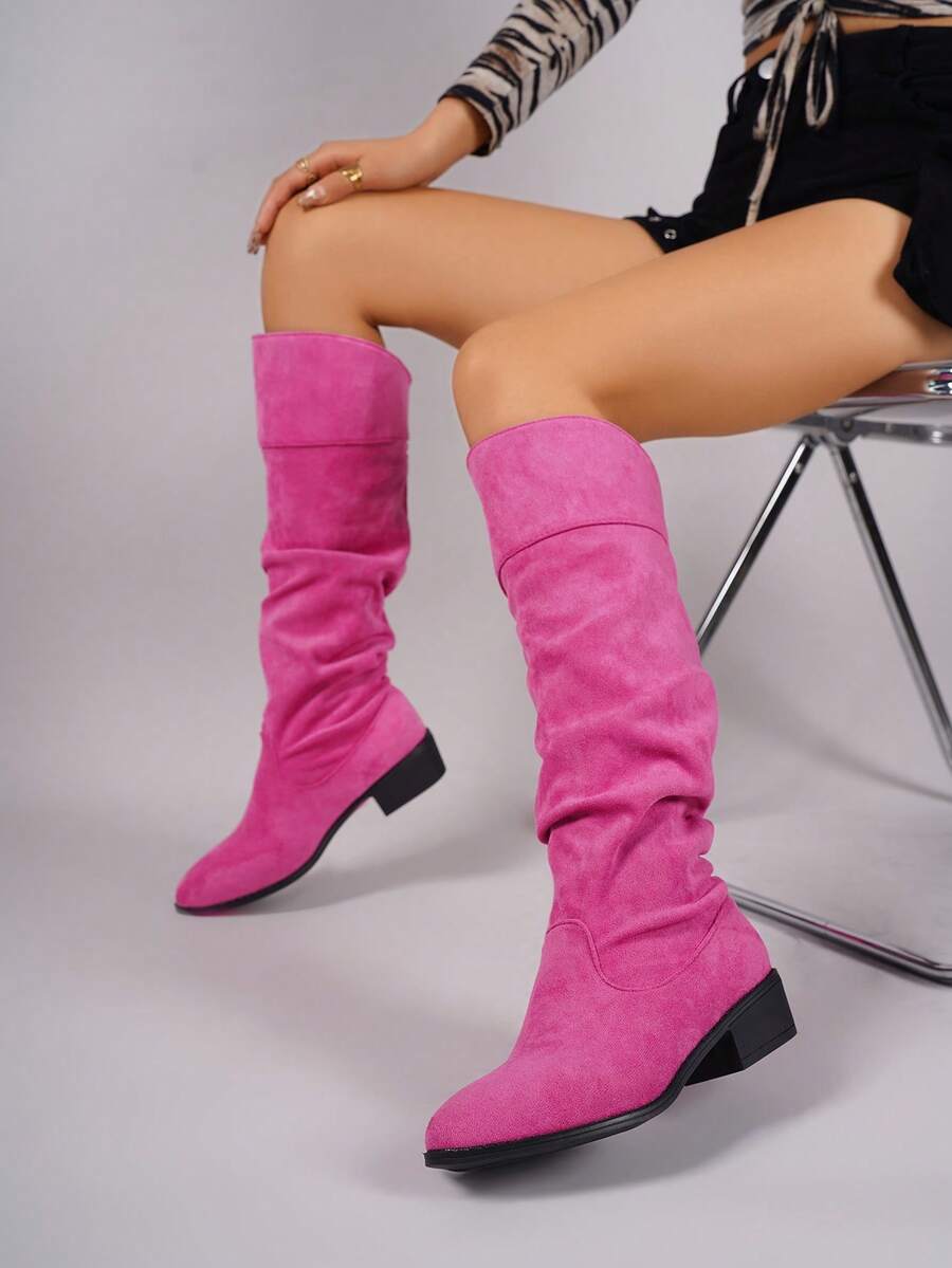 秋冬女士舒适仿麂皮经典百搭过膝长靴，时尚厚底粉色假日鞋，时尚过膝长靴，可搭配连衣裙、派对服饰