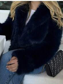 DEEKA 秋冬新款加厚仿皮草和皮革装饰时尚短款夹克，青春仿皮草大衣 - 藏青 - 查看 10