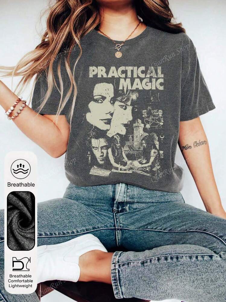 Women's Summer Magic Pattern Print Round Neck Short Sleeve Simple Casual Daily Plus Size T-Shirt Tops, Retro Horror Print Pattern Women's Tops, Witch Print Pattern Women's Summer Clothing, Retro Halloween Print Pattern Summer Tops