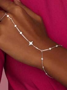 1pc Women's Silver-Tone Rhinestone Hexagram Finger Hand Chain, Fashionable Personalized Jewelry Accessory For Party & Banquet - Silver - View 2