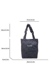 New Casual Fashion Plaid Tote Bag, Pleated Strap, Korean Style Loose Lettering Handbag, Foldable Large Capacity Shoulder Bag For University, Shopping, Travel , Office Bag - Multicolor - View 13