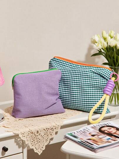 1 件复古撞色格纹化妆包 - 配有彩色手链、旅行便携收纳包、大容量洗漱包、手提包，适合存放化妆品、珠宝、收据和文具