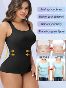 Slimming Women Tummy Control Shapewear Abdomen Compression Camisole Cami Vest Scoop Neck Tank Top Body Shaper Ladies Underwear Undershirts Shaping Tops Shirts Wide Shoulder Strap No Pad - Black - View 2