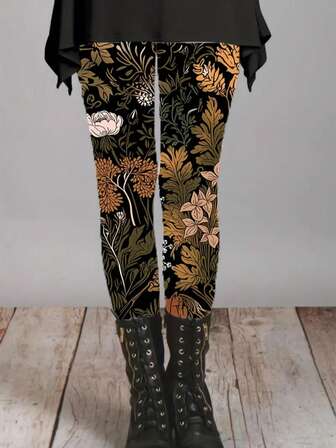 Women's Floral Print Leggings Sexy Skinny Fit Knit Fabric, All-Season Geometric Pattern High Waist Long Leggings