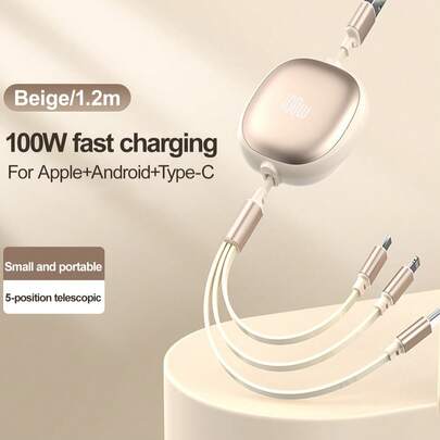 JMMO 三合一 100W 快速充电线和伸缩一拖三线，耐用 TPE 充电数据线兼容 和三星系列，高效充电线