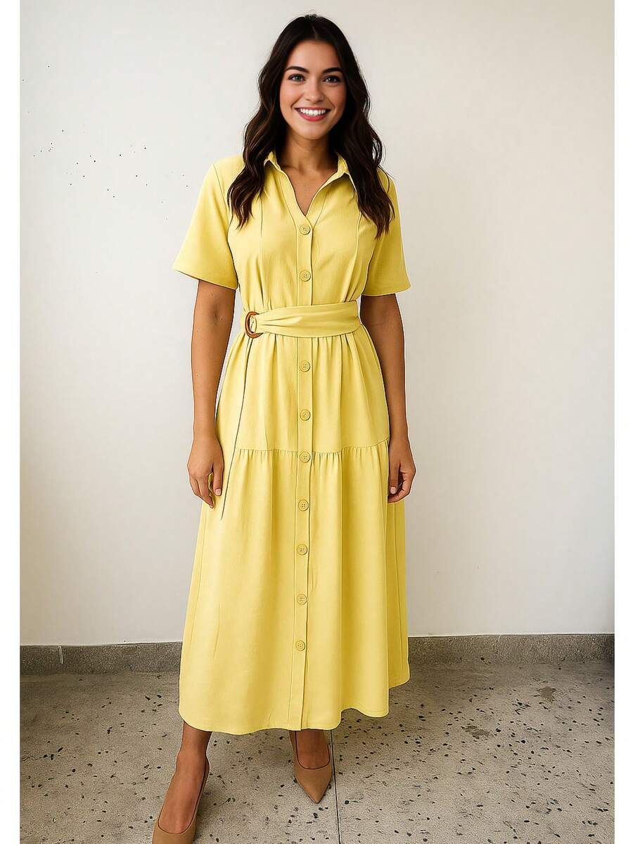 Linen Midi Dress With Lining, Buttons And Structured Collar - Yellow - View 1