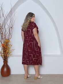 Printed Plus Size Midi Knit Dress - Burgundy - View 3