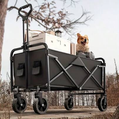 Carro utilitario plegable para acampar de 1 pieza, resistente: marco de metal resistente, 4 ruedas todoterreno, mango ergonómico y diseño plegable, adecuado para acampar, jardín, transporte (no requiere electricidad), equipo para acampar, portaherramientas de jardín, diseño plegable, construcción robusta