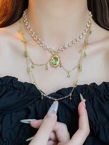 1 stuk elegante groene/rode hangerketting in Boheemse stijl voor vrouwen, ovale hangerketting met imitatieparels, sprankelend ontwerp, geschikt voor feestjes, casual outfits en cadeaus
