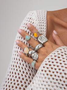 7pcs/Set Geometric Vintage Faux Gemstone Inlaid Asymmetrical Metal Rings Set, Luxurious Everyday Casual Women & Couples Jewelry Rings Gift For Birthday, Holiday