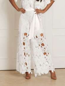 (1piece)Women's Solid-Color Sexy Cut Out Large-Flower Embroidered Lace Up Wide-Leg Pants,Casual Long Pants, No Top,Gothic Style