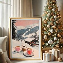 1 pezzo, Quadro su tela, Decorazione natalizia da parete incorniciata, Stampa artistica di una ragazza con cioccolata calda, Stampa artistica di un carrello bar da stazione sciistica, Decorazione moderna da caffè con scena invernale, Decorazione natalizia per la casa, Arte da parete minimalista, Arte moderna, Decorazione contemporanea per la casa, Decorazione da parete per il soggiorno