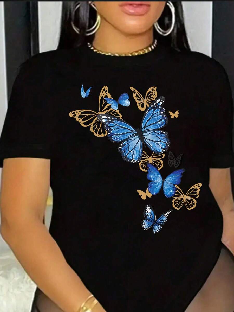 可爱蝴蝶印花女式短袖圆领休闲 T 恤，T 恤，弹性涤纶混纺，可机洗，柔软舒适