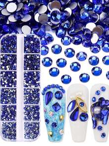 1盒12格3D美甲水钻套装，美甲宝石，水晶透明平底水钻，带收纳盒，6种尺寸（1.5-3.9毫米），适用于美甲工艺和美甲用品 - 彩色 - 查看 15