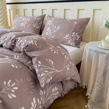 3pcs Set White Leaf & Coffee Floral Plant Print Duvet Cover Set, Tea Talk Coffee (2*Pillowcase, 1*Duvet Cover, No Filling), Light Coffee Bedding, Super Soft & Breathable Polyester Fabric, Suitable For All Seasons, Zipper Closure, Perfect For Bedroom, Guest Room Or Dormitory
