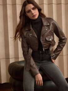 Risissida Women's Fall/Winter Street Wear Faux Leather Cropped Biker Jacket - Asymmetric Zip, Adjustable Belt For Edgy Urban Street Commuting Spring White - Brown - View 3