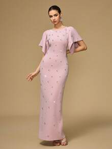 Women's Round Neck Puff Sleeve, Drawstring Back Neck, Handmade Rhinestone Embellished Elegant Dress - Pink - View 4