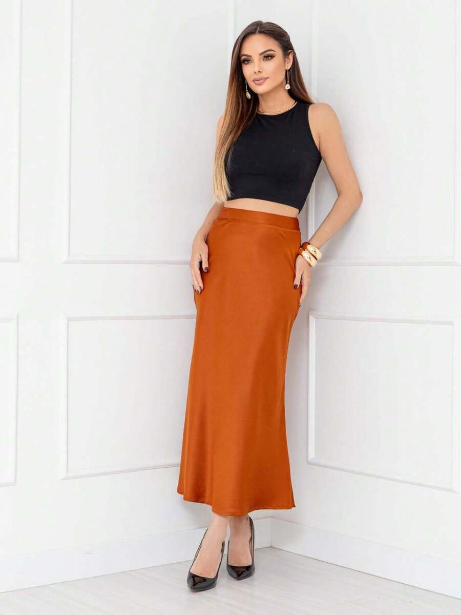 Elegant Long Satin Skirt For Women With Side Zipper Code 167 - Unta - View 1