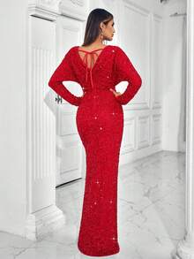 فستان سهرة رسمي فاخر، فستان طويل بأكمام طويلة وياقة على شكل حرف V مرصع بالترتر، مناسب للمناسبات الرسمية، خريف/شتاء