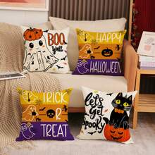 4 件万圣节枕套，可爱幽灵和黑猫条纹设计，紫色和橙色卡通单面印花拉链靠垫套，万圣节家居装饰，适用于家庭客厅沙发床、户外露台装饰，不含枕芯，18 X 18 英寸