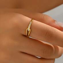 1 件不锈钢独特几何方晶锆石镶嵌戒指，空心水滴百搭爪镶时尚指节戒指，适合女士 - 金黃色 - 查看 6