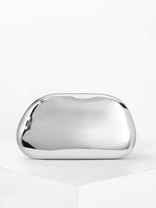 复古金属盒形晚装手拿包、正式派对手提包、鸡尾酒钱包、舞会包、金色婚礼新娘单肩斜挎链条包、时尚女士包 - 銀色 - 查看 5