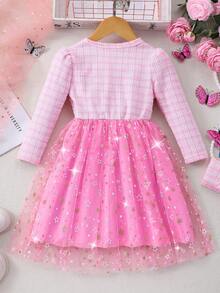 女童长袖格子撞色网眼优雅连衣裙（配包） - 粉色 - 查看 2