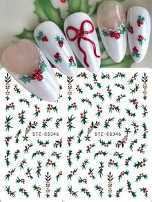 2 件节日圣诞美甲贴纸红色冬青圣诞冬季自粘指甲贴花 DIY 美甲美甲装饰配件 - 彩色 - 查看 1