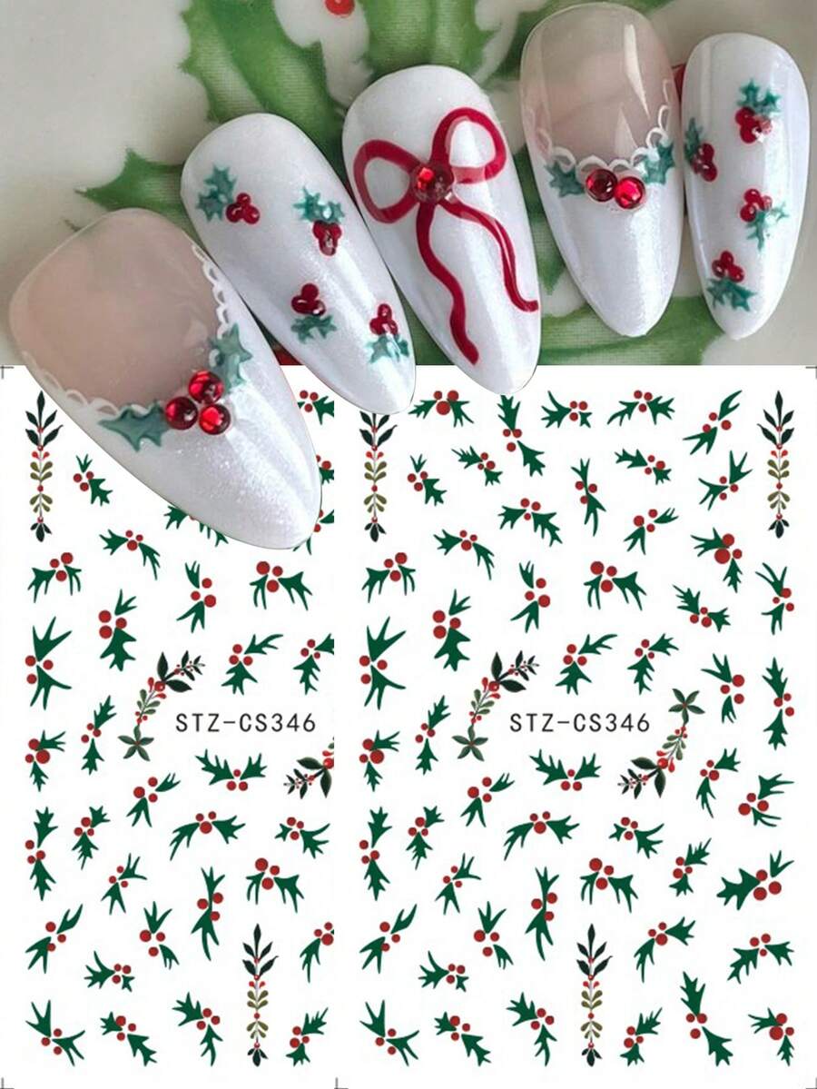 2 件节日圣诞美甲贴纸红色冬青圣诞冬季自粘指甲贴花 DIY 美甲美甲装饰配件 - 彩色 - 查看 1