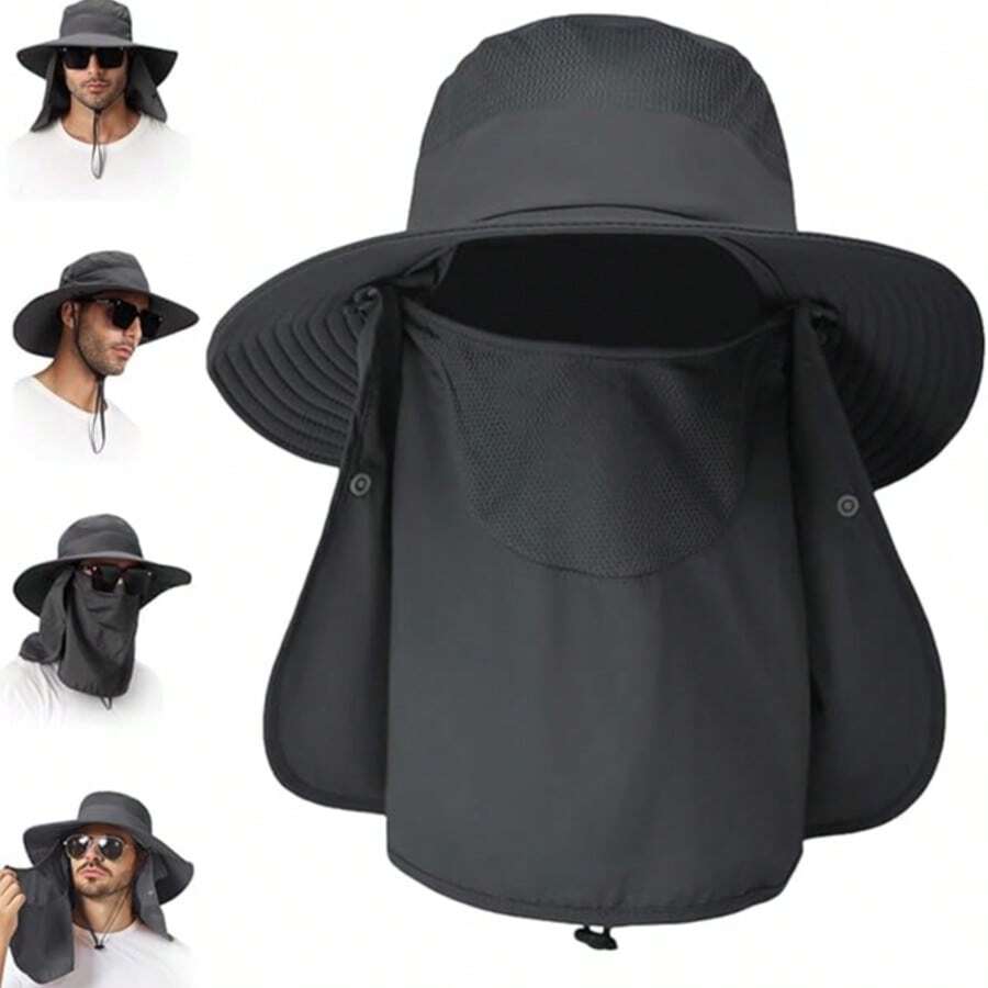 Sombrero de Sol para Hombre, Gorro Pescador Ajustable con Protección UPF 50+, Sombrero con Asa Ancha y Máscara Desmontable para Cara y Cuello,Sombrero de Pesca, Gorra para Sol con Protección Solar UPF 50 Gorro de Pesca con Cubierta Facial Extraíble y Solapa para Cuello, Sombrero Tipo Pescador de Ala Ancha para Pesca Senderismo Hombre Mujer - Negro - Ver 1