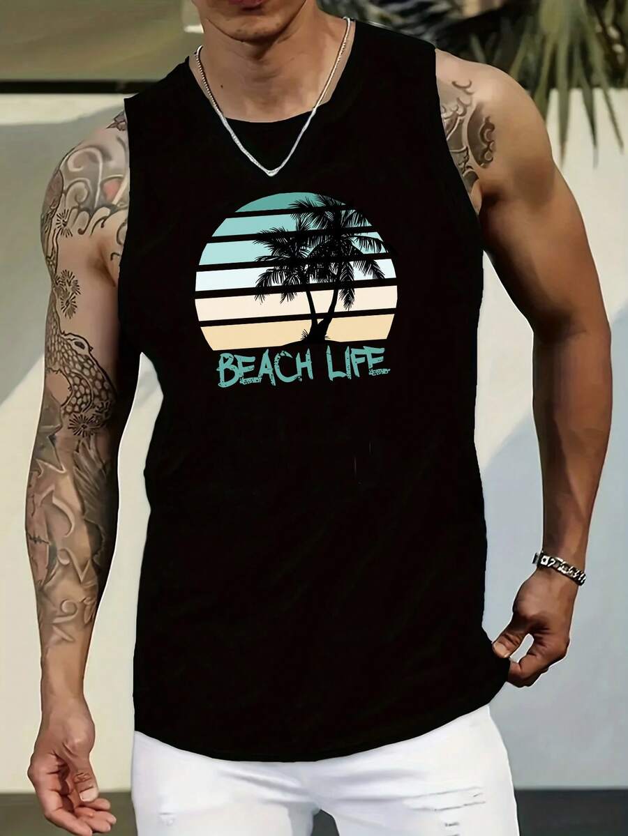singbulk Men's Cotton Comfy Sleeveless With Beach Print Casual Tank Tops - 黑色 - 查看 1