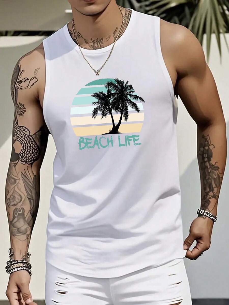 Men's Cotton Comfy Sleeveless With Beach Print Casual Tank Tops - 白色 - 查看 1