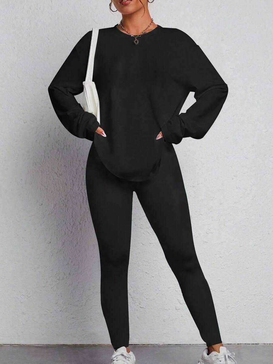 两件套女士休闲套装，包括圆领长袖上衣和裤子，适合居家休闲、运动休闲和户外穿着，秋冬季舒适保暖。 - 黑色 - 查看 1